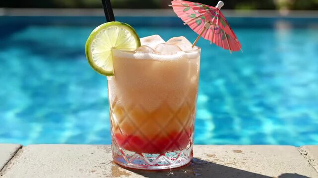 colorful tropical citrus cocktail with sliced lime and paper umbrella by pool. refreshing summer drink by water. beverage menu, travel, vacation and rest, summertime relaxation. luxury, refreshment