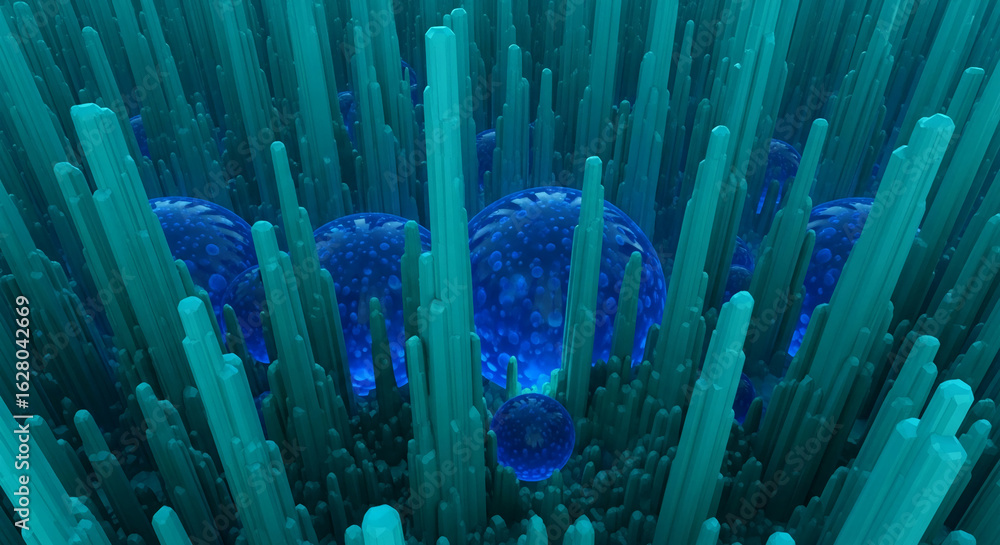 Poster abstract image featuring teal prisms and blue spheres, creating a surreal and textured visual. repre