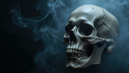 Detailed skull with cracks, surrounded by wisps of smoke, creates mysterious and eerie atmosphere