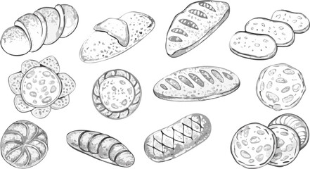 Illustration of an assortment of various types of bread including rolls and loaves in grayscale tones