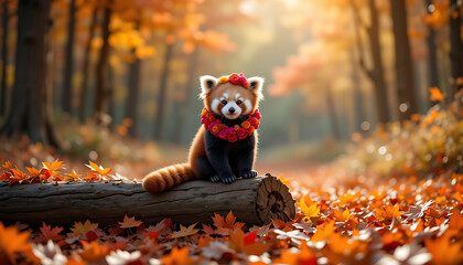 Ai generated image of a charming red panda adorned with a vibrant floral wreath sits serenely on a fallen log amidst a breathtaking autumn forest, surrounded by a colorful carpet of fallen leaves