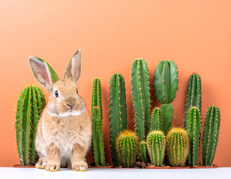 Cute Rabbite opposite cactus with orange wall