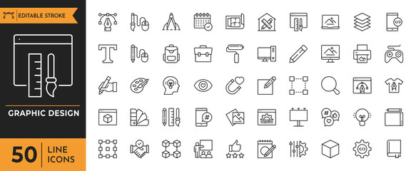 Graphic design icon set. Containing  Creative Process, Graphic design, creative package, stationary, software and more. editable stroke. vector illustration