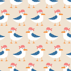 Adorable seagull in a red bandana hand drawn vector illustration. Funny birds seamless pattern for kids fabric.	
