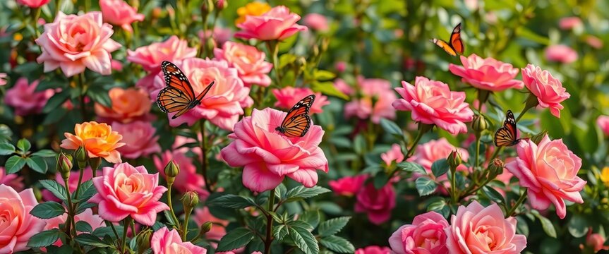 Lush blooms in vibrant hues, butterflies flitting amongst roses, lush greenery, greenery, colorful flowers