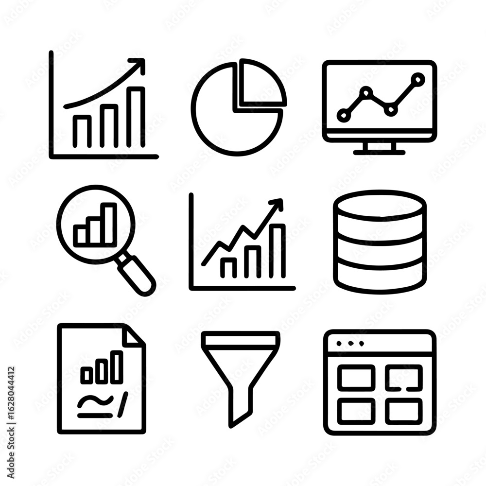 Aufkleber black line icons depicting data analysis charts graphs database and filtering.