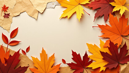 Autumn leaves border on beige paper background in top view
