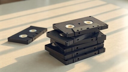 Fototapeta premium Stack of vintage black vhs video cassettes on light table with sunlight and shadows