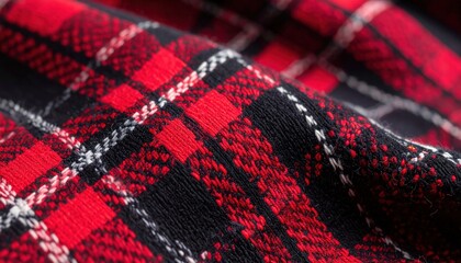 Macro close-up of woolen fabric with traditional geometric red-black pattern, crisp weave visible, textured surface.