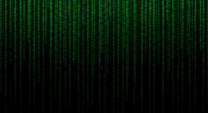 Green binary code cascading down a black background, symbolizing digital data flow, technology, and programming concepts