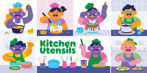Cartoon Chefs Cooking with Utensils, Food Preparation Scenes and Kitchen Utensils Text Composition