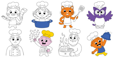 Cartoon Chefs Colorful Kids and Animals Baking, Cooking, and Preparing Delicious Foods Together