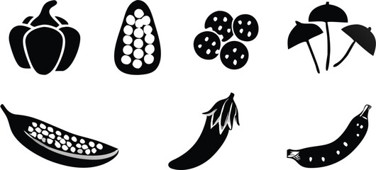 Illustration of bell pepper seeds mushrooms cookies eggplant banana and a pod in black and white
