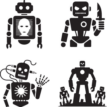 Evil, robot, icon, set, killer, cyborg, silhouette, vector, black, isolated, illustration, design, science, fiction, futuristic, monster