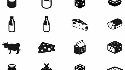 Black and white vector illustration of dairy products including milk cheese and a silhouette of a cow