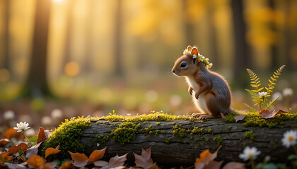 Ai generated image of a charming squirrel with a delicate flower crown perches gracefully on a mossy log in a sundrenched forest, surrounded by fallen leaves and the soft glow of autumn