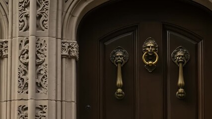 Ornate stone pillar flanked by dark wood arched doors with lion-head door knockers - Powered by Adobe