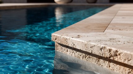 Tranquil swimming pool edge with serene turquoise water reflecting the sunlight