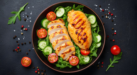 Healthy Grilled Chicken Breast Salad with Arugula, Cucumber, and Cherry Tomatoes in Bowl
