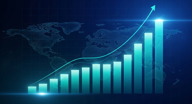 Ascending teal bar graph on a world map background, illustrating global growth and upward trend, suitable for financial, business, or economic presentations - Powered by Adobe