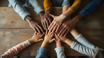 Diverse group of hands joined together, symbolizing unity, support, and collaboration on a wooden table.