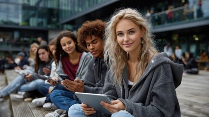 Students using devices during break