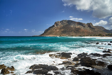 Sea, beach and mountains in the town of Stavros on the island of Crete