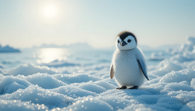 Ai generated image of a fluffy penguin chick stands on a sparkling, snowy landscape in antarctica, with the sun shining brightly in the background