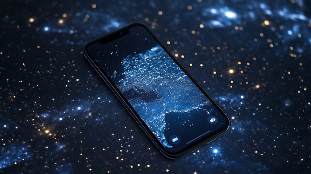 frameless iPhone mockup placed on starry sky backdrop, screen glowing with dark mode map UI.