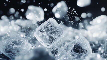 Ice cubes in motion, water droplets, dark background