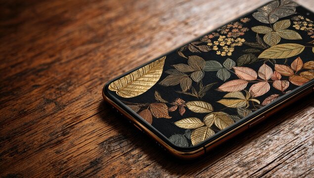 Smartphone with ornate floral wallpaper on wooden surface