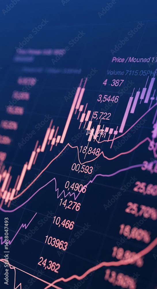 Poster close-up of financial chart display, showing rising lines and candlestick patterns in pink and purpl