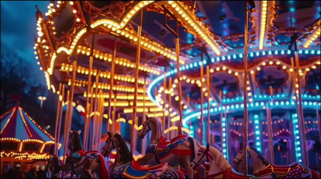Colorful carousel with illuminated horses and vibrant lights creating a festive atmosphere at night