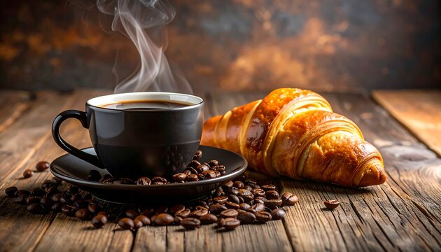 Delicious start of the day: aromatic coffee and buttery croissant indulgence