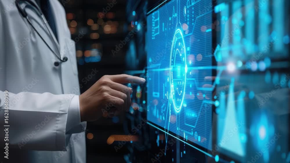 Poster a scientist examining data on a digital screen