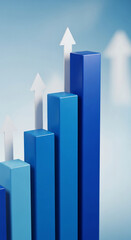 Ascending blue bars graph with white upward arrows, showcasing growth, progress, and success in business and finance