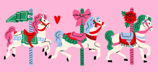 Carousel horses set. Cute bright colorful merry go round horses. Retro vintage carousel style. Hand drawn modern Vector illustration. Isolated design elements. Print, logo, sticker templates