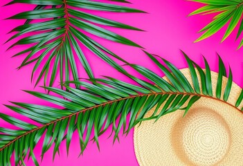 Tropical palm leaves, sun hat on pink background Summer vacation, travel concept, image, backgrounds
