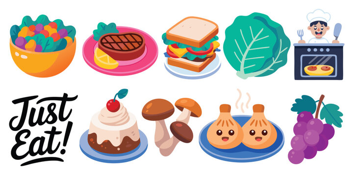 Colorful Cartoon Food Icon Set Salad, Steak, Sandwich, Cabbage, Pizza, Cake, Mushrooms, Dumplings, Grapes
