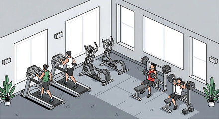 Isometric view showcasing a modern gym with individuals engaged in various exercises, including treadmill running, elliptical workouts, and weightlifting exercises demonstrating an active lifestyle