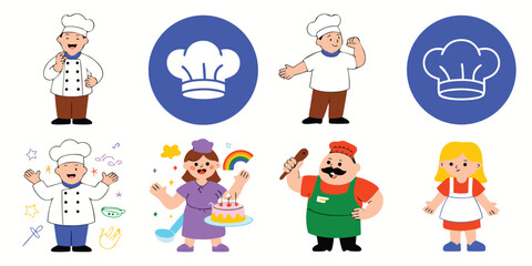 Obraz premium Colorful Cartoon Illustration of Diverse Chefs, Culinary Symbols, and Baking Elements on a White Background