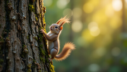 Fototapeta premium Ai generated image of a cute squirrel with fluffy ears is climbing up a mossy tree trunk in a sunlit forest, looking curiously upwards