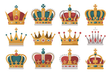 Collection of Twelve Ornate Royal Crowns with Jewels and Crosses monarchy king