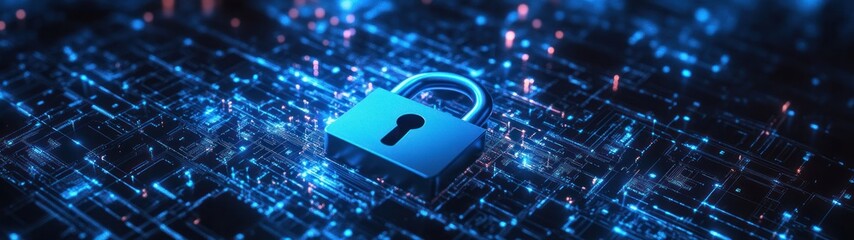 Cyber security network technology data protection technology concept with digital blue closed padlock with keyhole inside above virtual multi levels on abstract dark background. 3D rendering