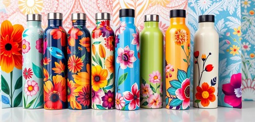 Vibrant floral & abstract designs on colorful insulated water bottles, geometric, texture