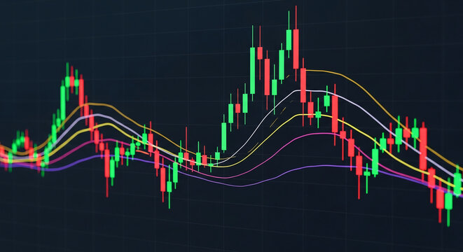 Candlestick chart displays financial market data, showcasing price fluctuations over time.  Green and red candles represent price increases and decreases respectively, symbolizing market trends