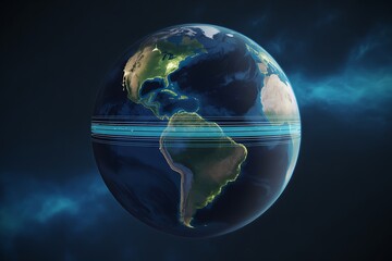 Dynamic Earth globe with glowing continents and atmospheric data streams, representing global connectivity and networks