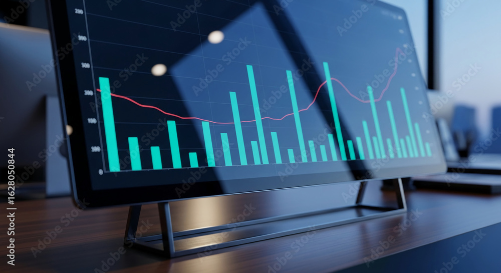 Poster close-up of a computer screen displaying teal and red financial graphs, suggesting business growth a