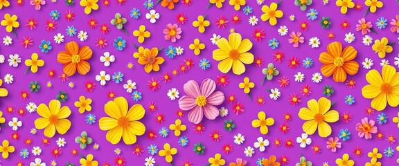 Vibrant seamless floral pattern, tiny colorful flowers on violet background, perfect for spring/summer designs,  vector,  small