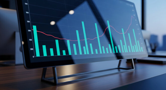 Close-up of a computer screen displaying teal and red financial graphs, suggesting business growth and market trends. Showcase of data visualization on modern technology
